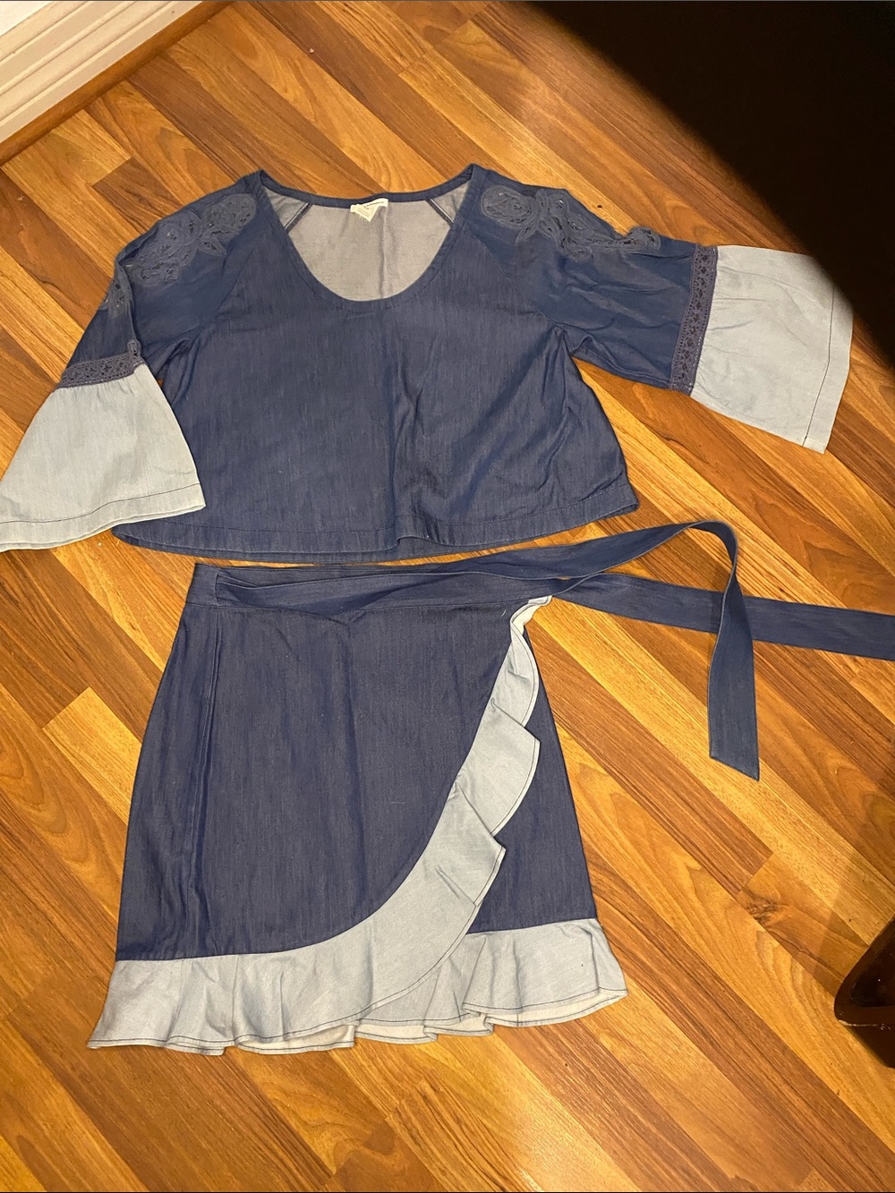 Club Monaco Blue Denim-Look Wrap Skirt Set